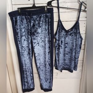 Jasmine & Ginger Blue Velvet Lounge Set Size L | Crushed Velour Pajamas 2 Piece